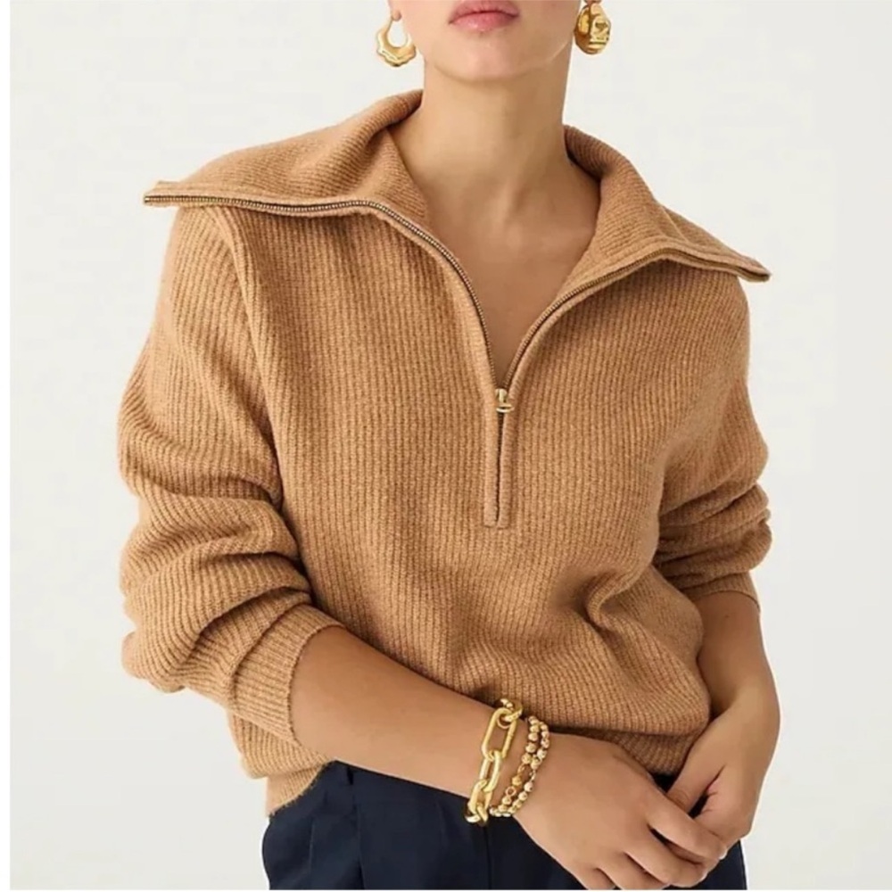 J. Crew Women’s Zip-Front Ribbed Sweater in Camel, Size: Medium